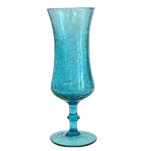 Vintage Turquoise/Aqua Blue Stemmed/Pedestal Hurricane "Crackle" Glass Vase 9.5" - Picture 1 of 9